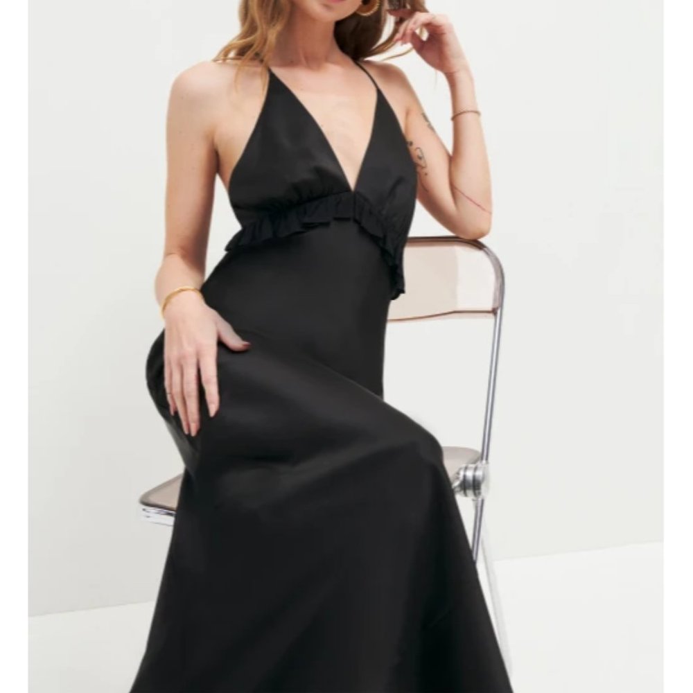 NWT Reformation Madrigal Satin Dress in Black Ruffle Maxi V-Neckline